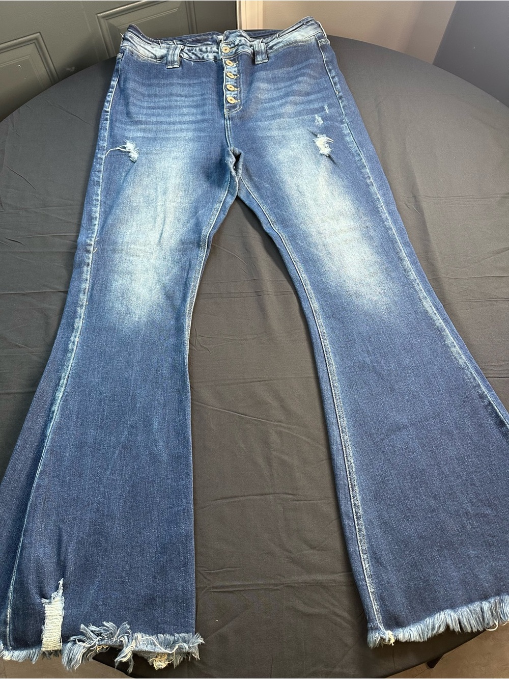 KanCan Medium Blue High-Rise Flare Jeans with Distressing